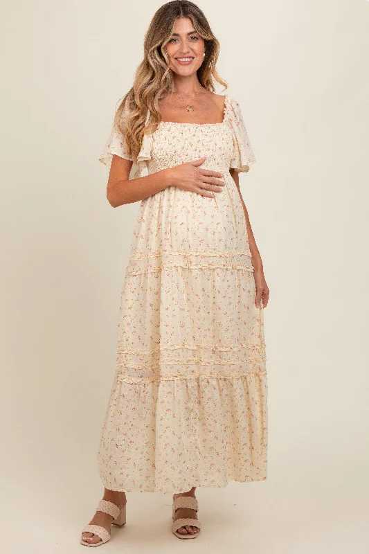 Cream Floral Smocked Square Neck Flutter Sleeve Maternity Midi Dress Hot new arrivals in midi dresses