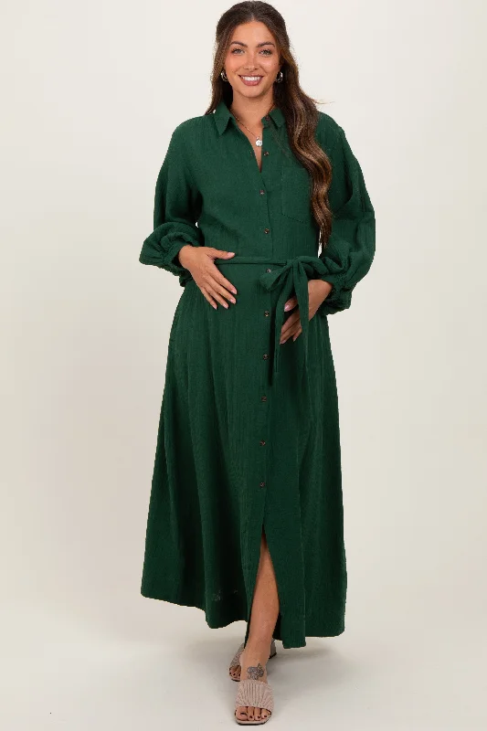 Dark Olive Gauze Belted Shirt Maternity Midi Dress Tiered midi dresses