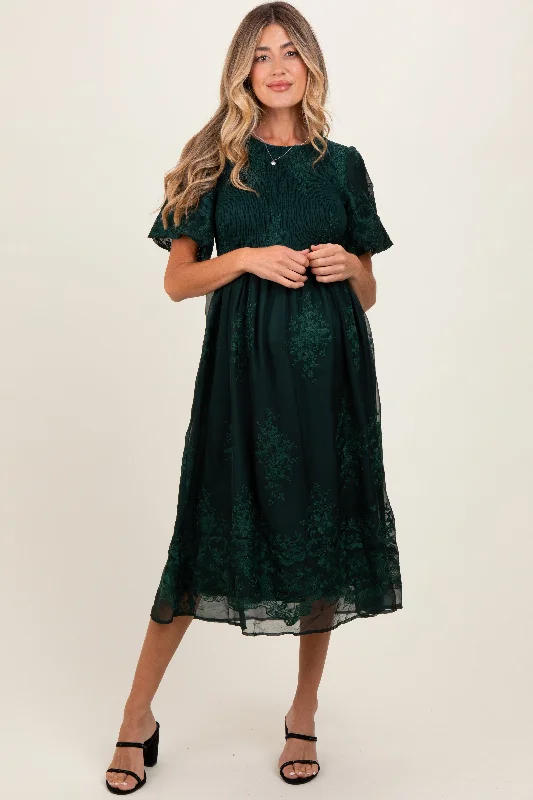 Forest Green Floral Lace Smocked Maternity Midi Dress Sexy little black midi dresses