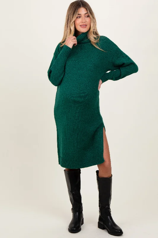 Forest Green Turtleneck Side Slit Maternity Midi Sweater Dress Trendy midi dresses under $50