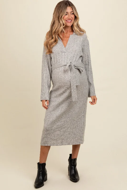 Heather Grey Ribbed Sweater Collared Maternity Midi Dress Lightweight midi dresses for hot weather