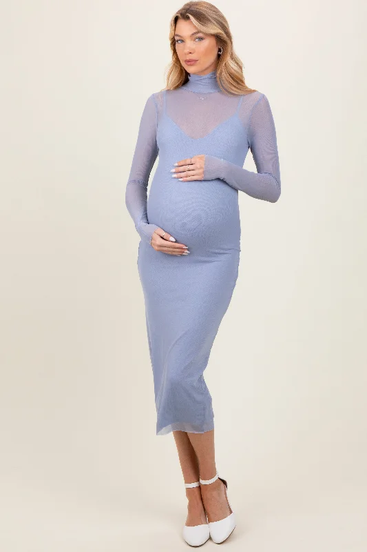 Light Blue Mesh Overlay Fitted Maternity Midi Dress Cheap midi dresses