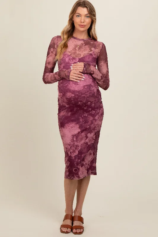 Magenta Floral Mesh Midi Maternity Dress Off-shoulder midi dresses