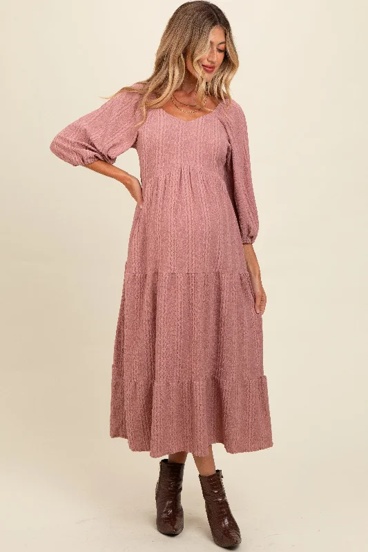 Mauve Embroidered Tiered Maternity Midi Dress Shein midi dresses