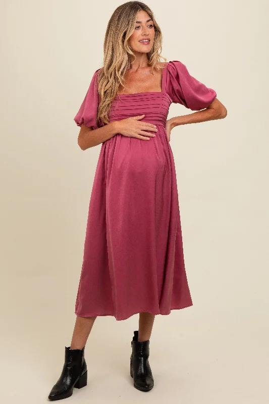 Mauve Satin Pleated Bodice Puff Sleeve Maternity Midi Dress Must-have midi dresses for this season