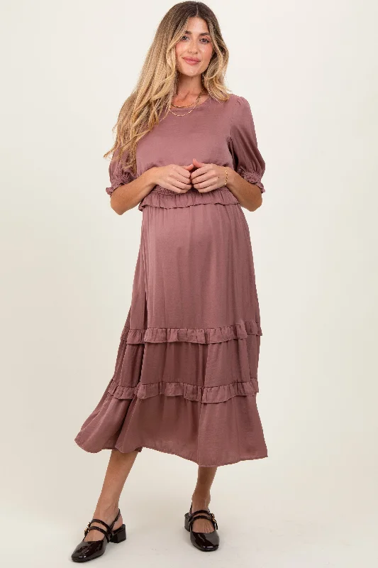 Mauve Satin Ruffle Trim Maternity Midi Dress Budget-friendly midi dresses