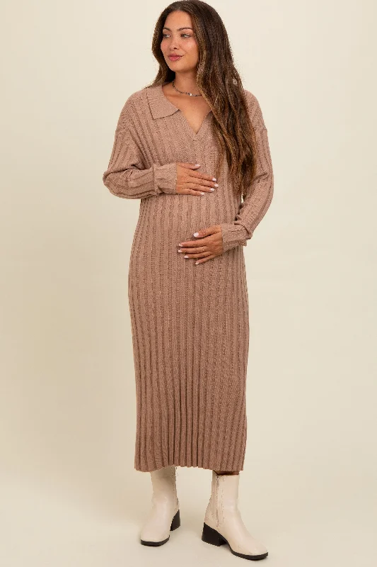 Mocha Ribbed Collared Maternity Midi Sweater Dress Best midi dresses for date night