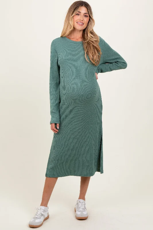 Olive Ribbed Knit Long Sleeve Side Slit Maternity Midi Dress Spring midi dresses