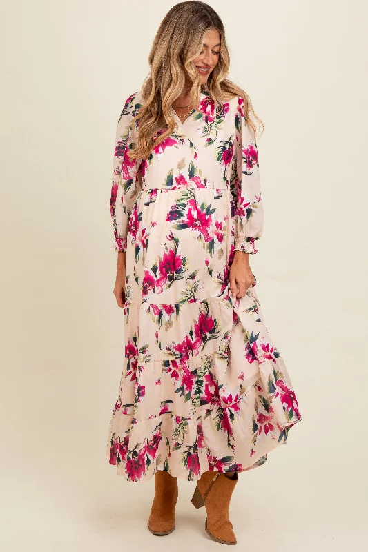 Peach Floral V-Neck Tiered Maternity Midi Dress Strapless midi dresses