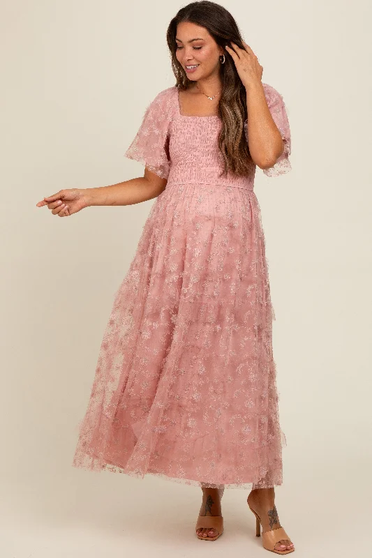 Pink Floral Embroidered Ruffle Tulle Maternity Midi Dress Comfortable midi dresses for everyday wear