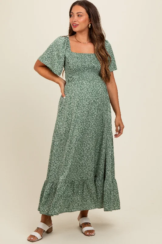 Sage Flowy Ditsy Floral Smocked Maternity Midi Dress Best midi dresses for summer vacation