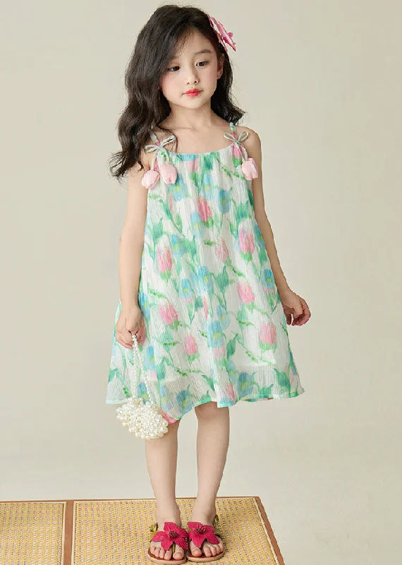 Beautiful Green Print Patchwork Cotton Girls Spaghetti Strap Dress Sleeveless EW038 Tulle floral dresses