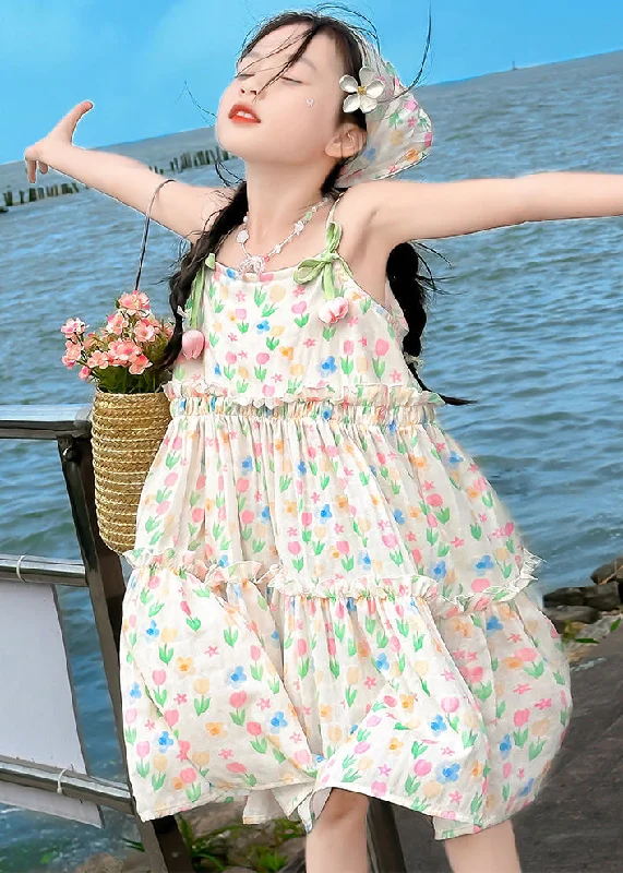 Bohemian Apricot Ruffled Print Cotton Girls Spaghetti Strap Dress Sleeveless EW034 Linen floral dresses