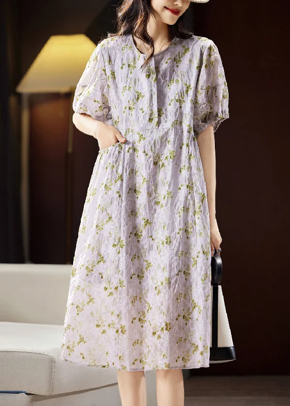 Bohemian Light Purple Print Patchwork Cotton Holiday Long Dress Puff Sleeve WW029 Discounted floral dresses