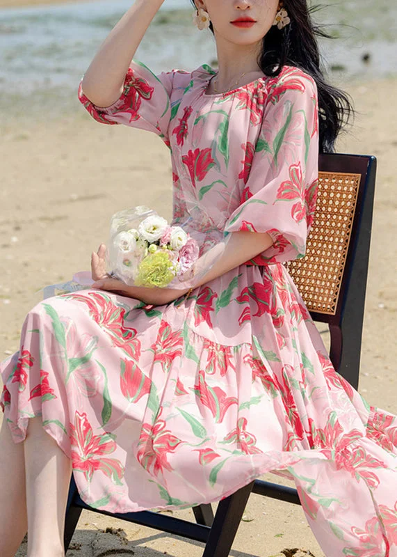 Bohemian Pink Print Patchwork Chiffon Long Holiday Dress Summer WW020 Designer floral dresses