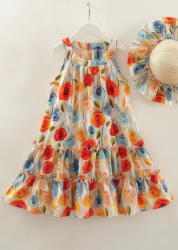 Boho O Neck Ruffled Print Cotton Girls Dresses Sleeveless EW042 Elegant floral dresses