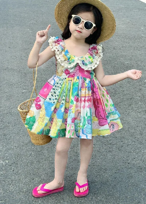 Casual O-Neck Print Patchwork Cotton Kids Mid Dress Sleeveless EW014 Petite floral dresses