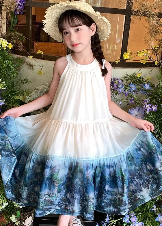 Chic Apricot O Neck Print Patchwork Cotton Girls Dresses Sleeveless EW041 Casual floral dresses