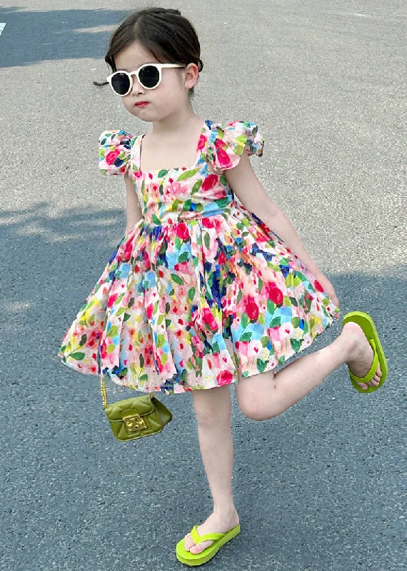 Cute Colorblock Backless Print Cotton Girls Mid Dress Summer EW039 Chiffon floral dresses