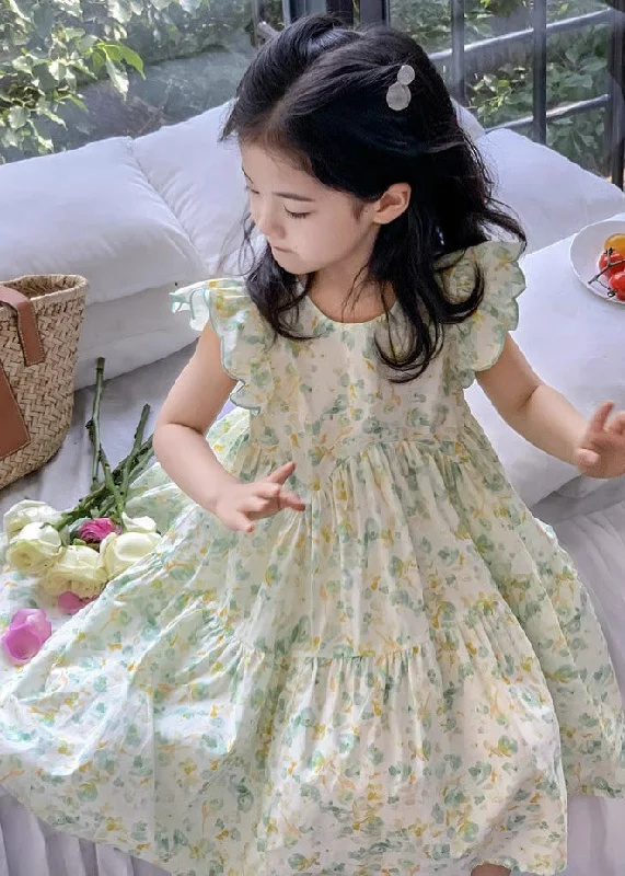 Elegant Green Print Wrinkled Cotton Girls Dress Summer EW043 Silk floral dresses