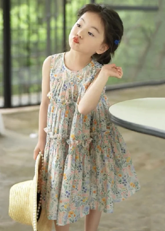 Elegant Photo Color Ruffled Print Cotton Girls Dress Sleeveless EW055 Cute floral print summer dresses