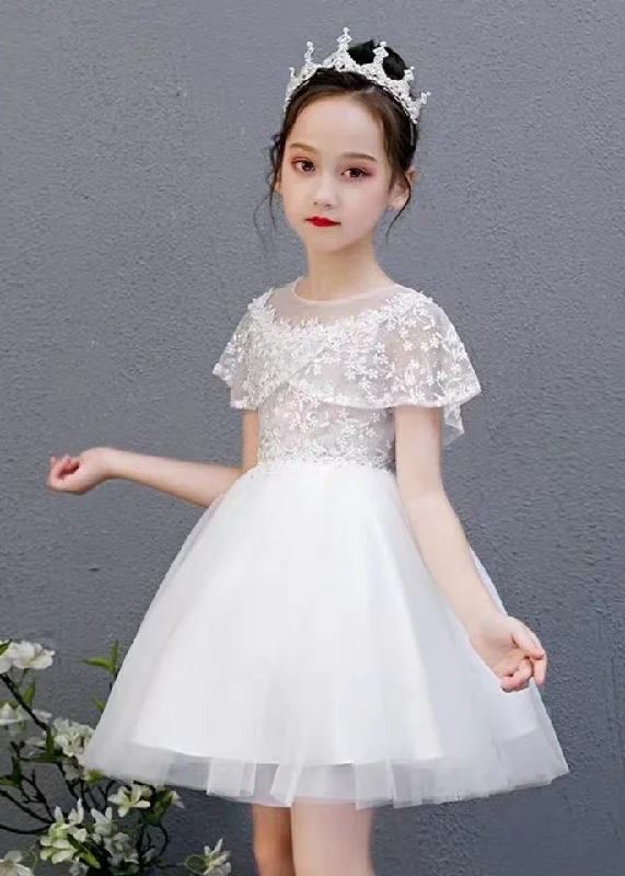 Fashion White O-Neck Embroideried Floral Tulle Kids Mid Dress Summer EW031 Maxi floral dresses