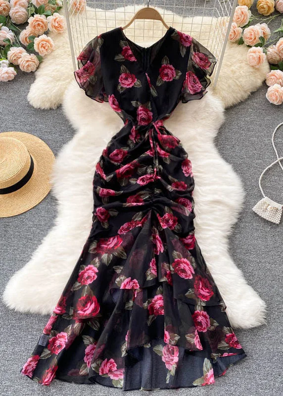 French Black Cinched Print Chiffon Long Dresses Summer TR024 Party floral dresses