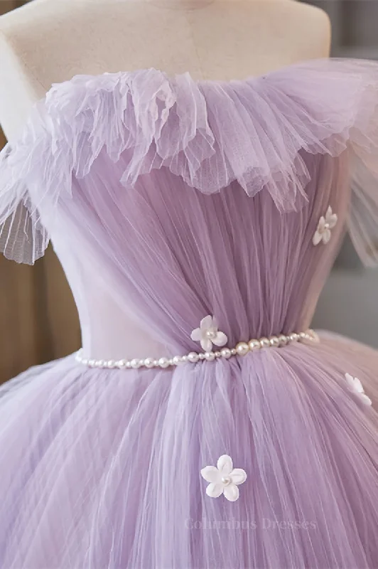 Lavender Ruffled Strapless Floral Applique Long Prom Dress with Pearl Sash Graduation floral dresses