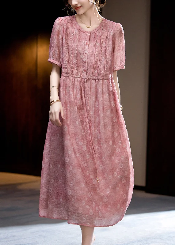 Loose Dark Pink O-Neck Print Wrinkled Silk Long Dress Short Sleeve WW047 Best floral dresses for casual outings