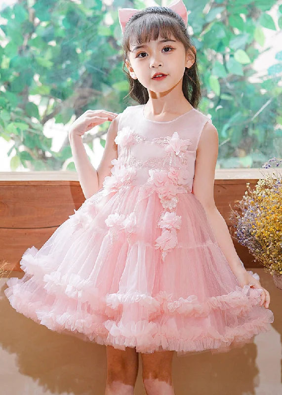 Modern Pink O-Neck Floral Tulle Kids Mid Dress Sleeveless EW016 Maternity floral dresses