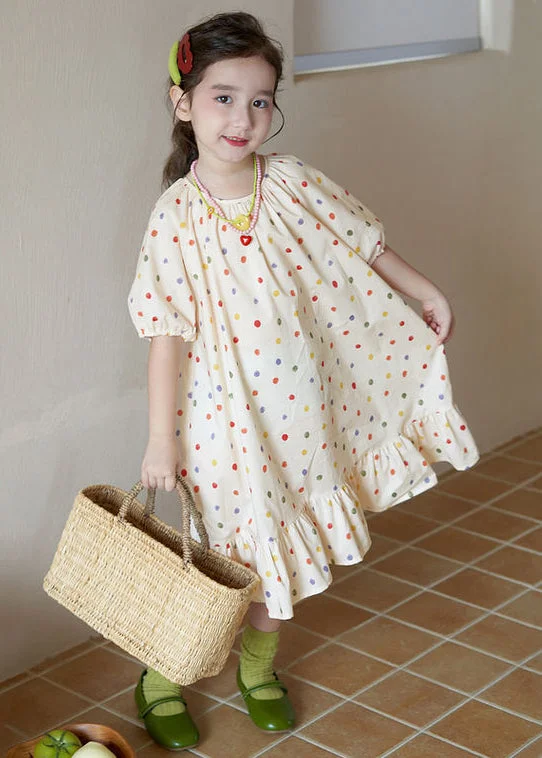 New Apricot O Neck Print Cotton Girls Long Dresses Summer EW040 Satin floral dresses