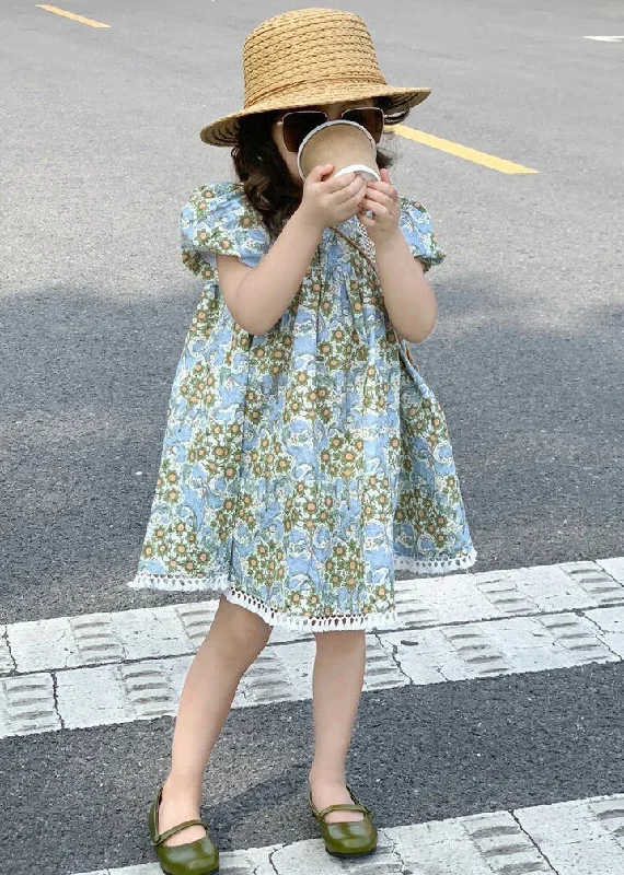 New Blue Print Hollow Out Cotton Girls Dress Summer EW066 Flattering floral dresses for all body types