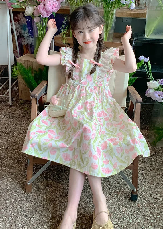 New Green Zippered Print Cotton Girls Long Dress Summer EW058 Comfortable floral dresses for everyday wear