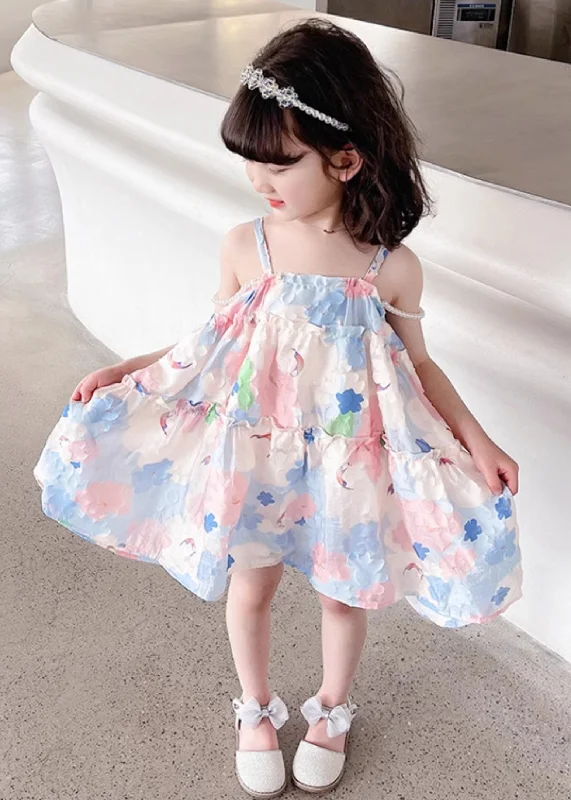 Pink Print Cotton Girls Spaghetti Strap Dress Ruffled Summer EW065 Lightweight floral dresses for hot weather