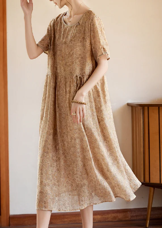 Slim Fit Khaki O-Neck Print Silk Long Dresses Summer WW052 Cheap floral dresses