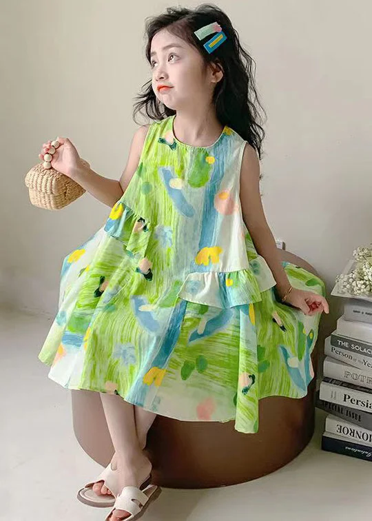 Stylish Green O Neck Print Cotton Girls Dresses Sleeveless EW061 Versatile floral dresses for all occasions