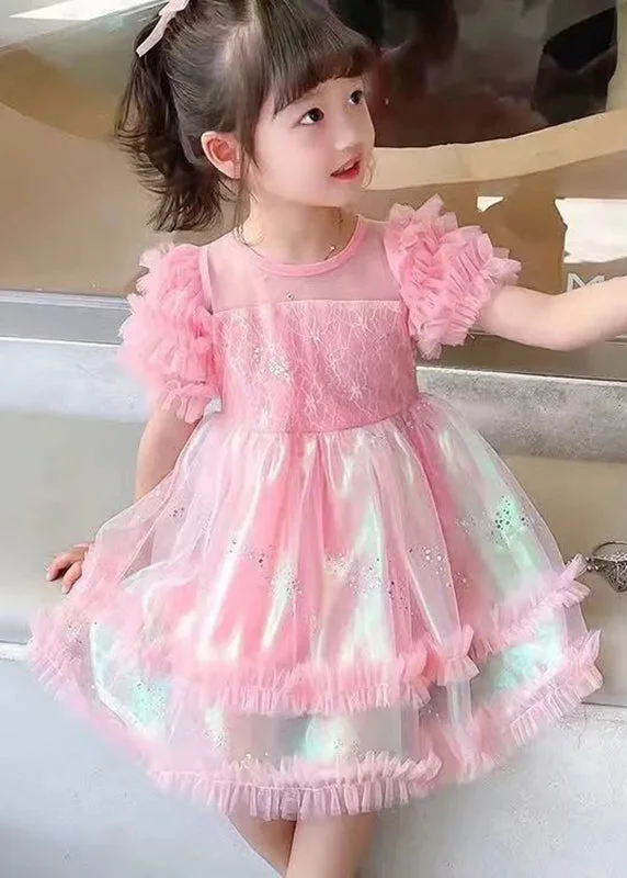 Stylish Pink Floral Sequins Flattering Tulle Girls Long Dresses Short Sleeve EW021 Long floral dresses