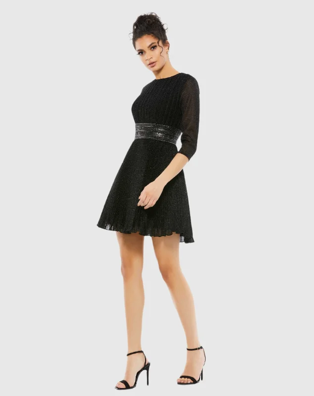 Black Shimmer Infused Pleated Mini Dress Button-down Mini Skirt