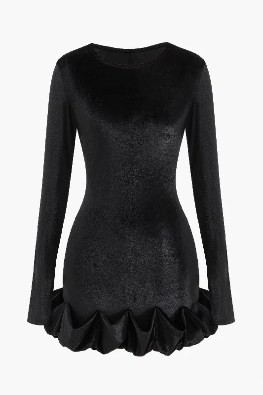 Velvet Long Sleeve Round Neck Mini Dress Ruffled Mini Skirt