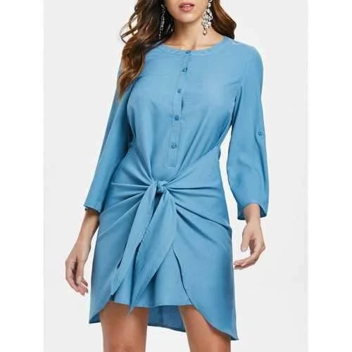 Buttons Knotted Mini Dress - Blue Ivy S Cozy Mini Skirt