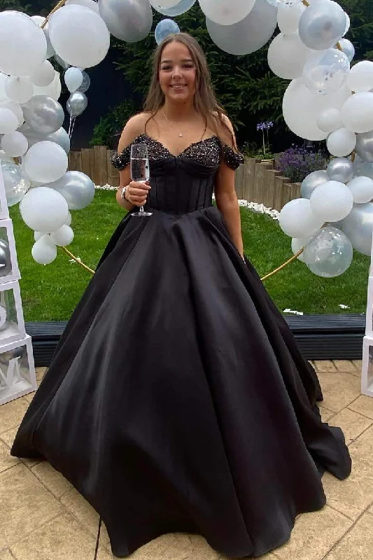 A-Line Off-Shoulder Empire-Waist Satin Pleated Long Prom Formal Dress Midi Maxi Outfit