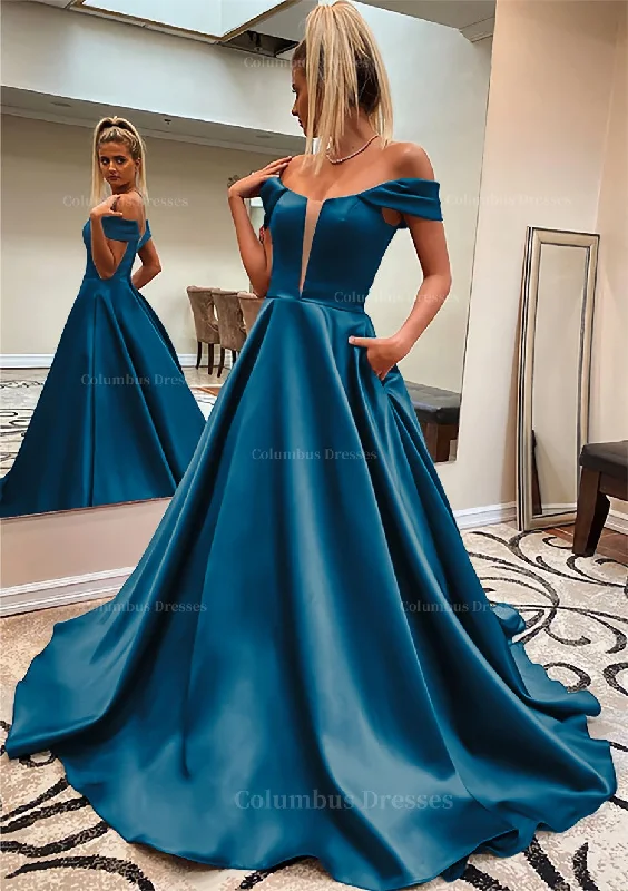 A-line Off-the-Shoulder Sleeveless Satin Sweep Train Prom Dress With Pockets Vintage unclassified dresses