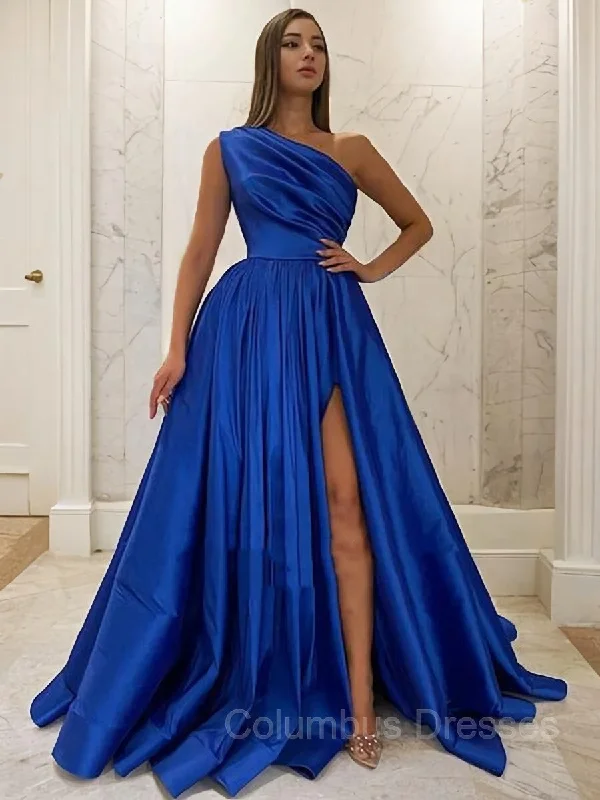 A-Line/Princess One-Shoulder Sweep Train Satin Prom Dresses With Leg Slit Formal unclassified dresses