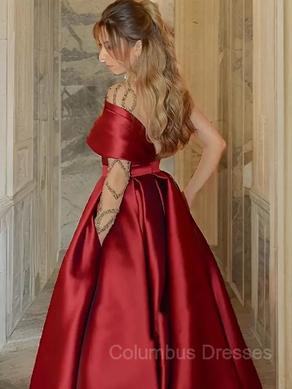 A-Line/Princess One-Shoulder Sweep Train Satin Prom Dresses With Leg Slit Unique unclassified dresses