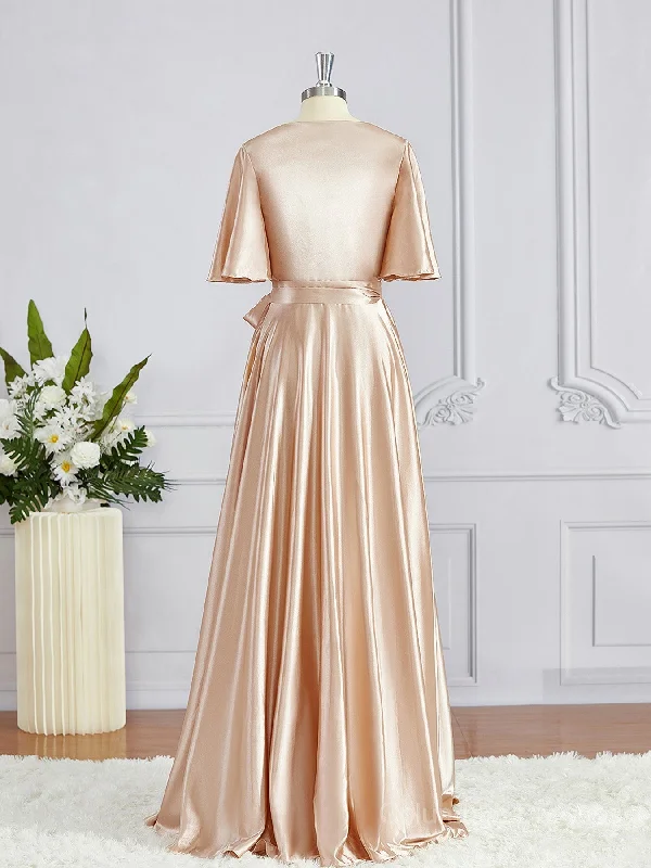 A-Line/Princess V-neck Floor-Length Silk like Satin Bridesmaid Dresses with Belt/Sash Chiffon unclassified dresses