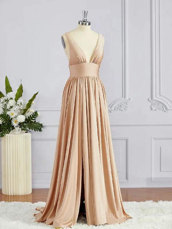 A-Line/Princess V-neck Sweep Train Jersey Bridesmaid Dresses with Leg Slit Formal unclassified dresses