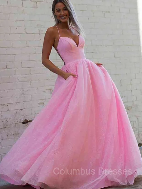 A-Line/Princess V-neck Sweep Train Prom Dresses With Pockets A-line unclassified dresses