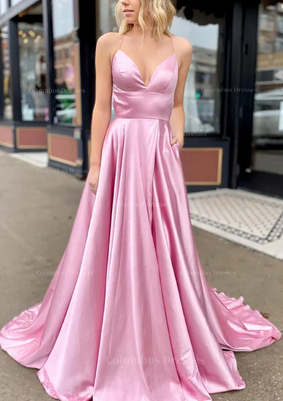 A-line V Neck Sleeveless Charmeuse Sweep Train Prom Dress With Pockets Discounted unclassified dresses