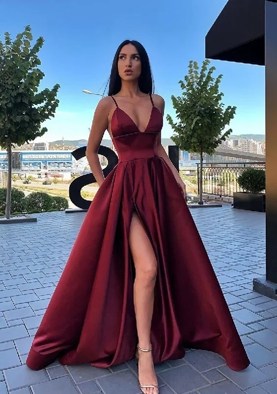 A-line V Neck Sleeveless Sweep Train Satin Corset Prom Dress outfits Chiffon unclassified dresses