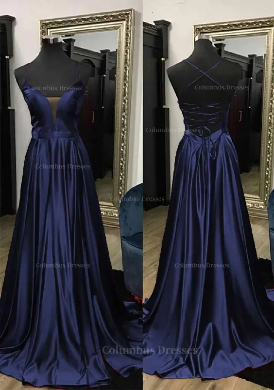 A-line V Neck Spaghetti Straps Sweep Train Charmeuse Prom Dress With Split Dark color unclassified dresses